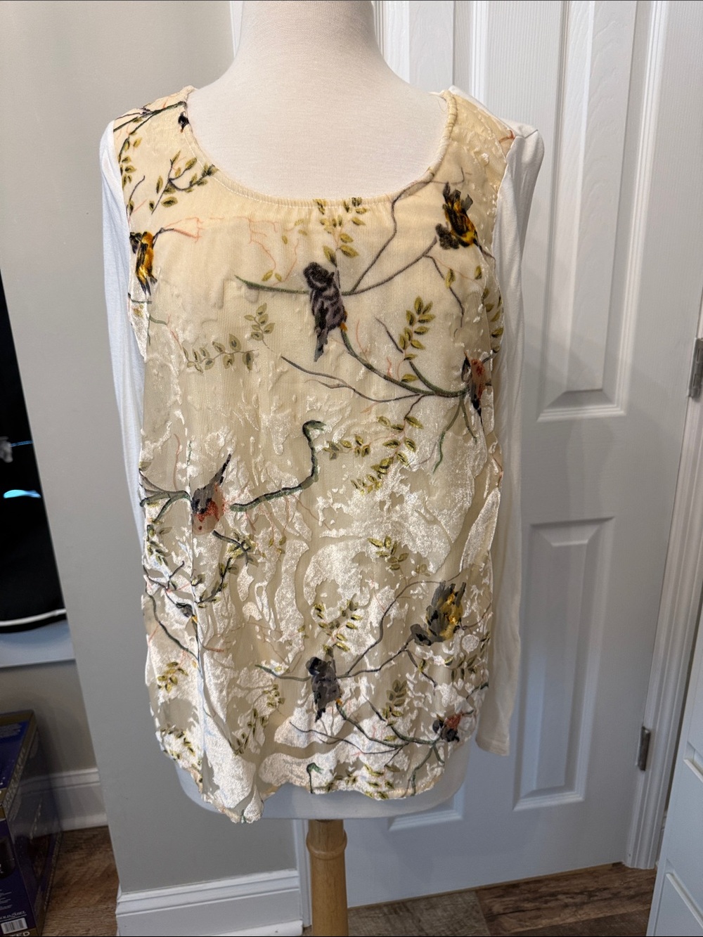 Deletta Cream Bird-Print Long Sleeve Top